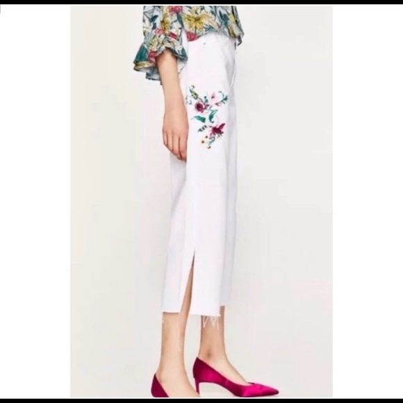 Zara embroidered Wide Leg White Denim Crop 34 - Picture 3 of 8